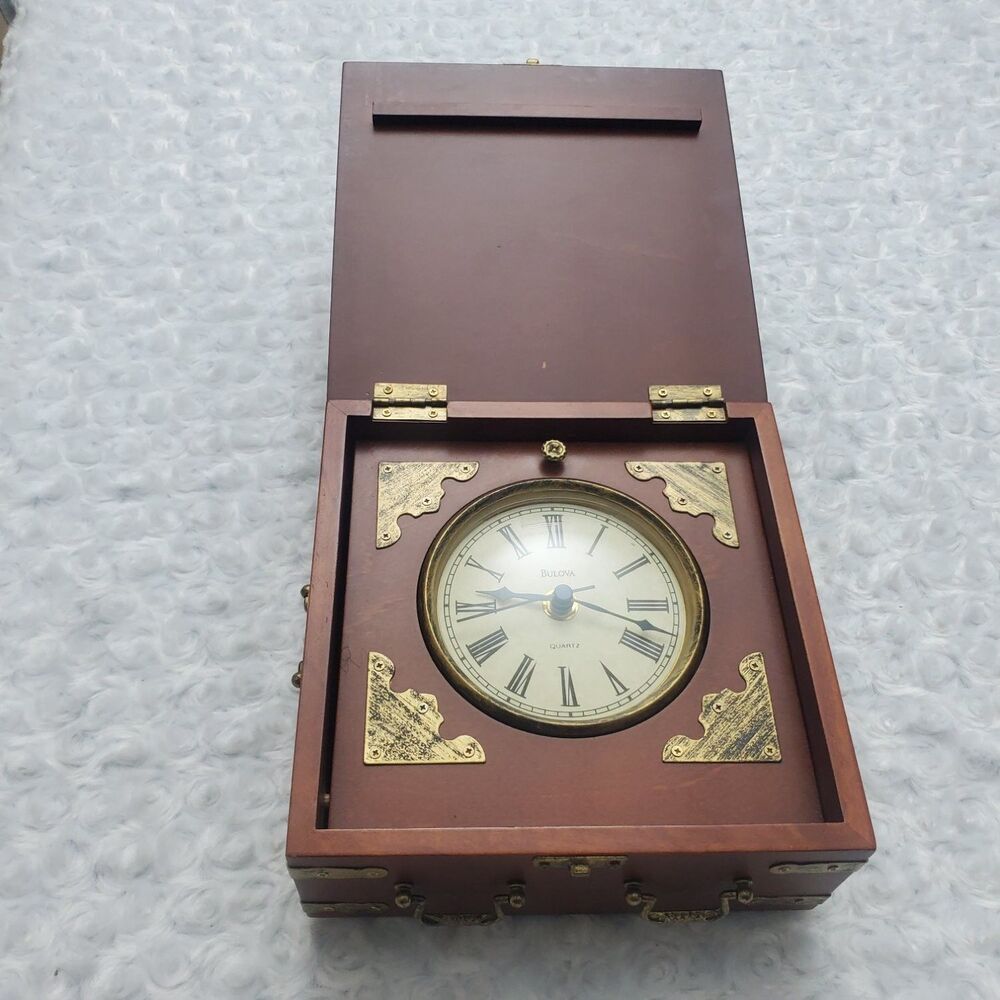 Bulova Marine Chronometer Captains Clock Wooden Deck Box Accents